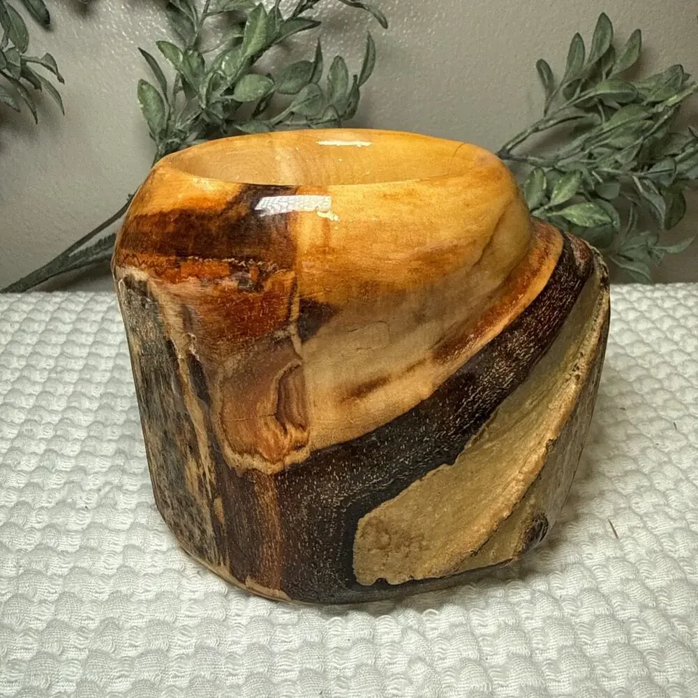 Hand Turned Natural Edge Wood Vase Studio Art Decorative Vessel Rustic 4” Vtg
